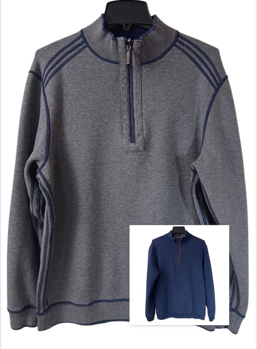 Tommy Bahama 1/4 Zip Sweater Mens Large Gray Blue Reversible Pullover Casual